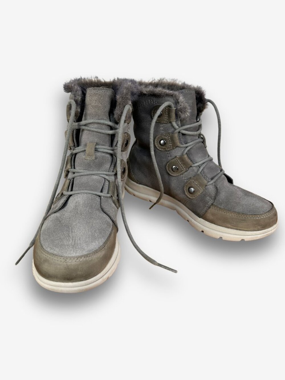 Sorel Explorer Joan Grey Suede Leather Faux-Fur Winter Boots Size 7